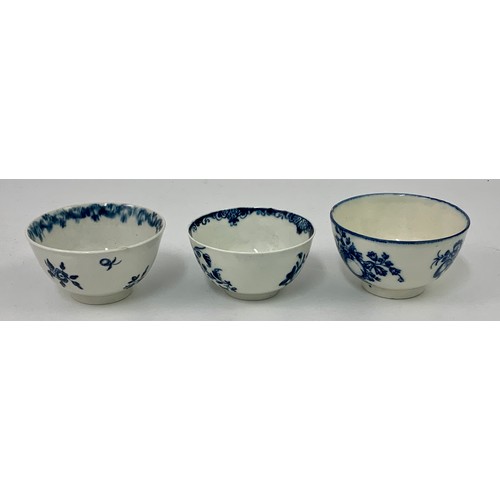 75 - 2 EARLY WORCESTER BLUE AND WHITE TEA BOWLS WITH CRESCENT MARKS AND ONE OTHER WITH S MARK