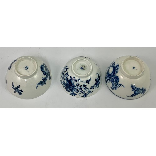 75 - 2 EARLY WORCESTER BLUE AND WHITE TEA BOWLS WITH CRESCENT MARKS AND ONE OTHER WITH S MARK