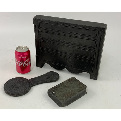 240 - 19TH CENTURY WELSH VERNACULAR FOLK ART SLATE DRAWER FRONT, ‘MIRROR’ TOGETHER WITH A CLEVELAND IRONST... 