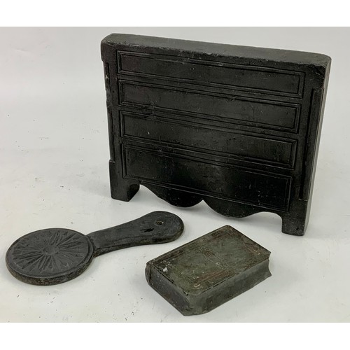 240 - 19TH CENTURY WELSH VERNACULAR FOLK ART SLATE DRAWER FRONT, ‘MIRROR’ TOGETHER WITH A CLEVELAND IRONST... 