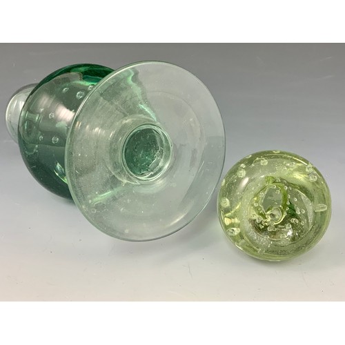 123 - UNUSUAL VICTORIAN GLASS VASE, APPROX.26 cm AND A SMALL GLASS PAPERWEIGHT WITH PONTIL