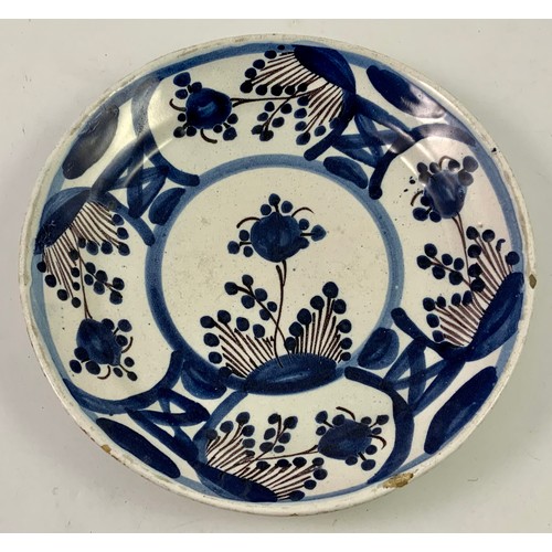 92 - SHALLOW DELFT WARE DISH WITH BLUE AND WHITE DECORATION, APPROX. 23 cm dia.