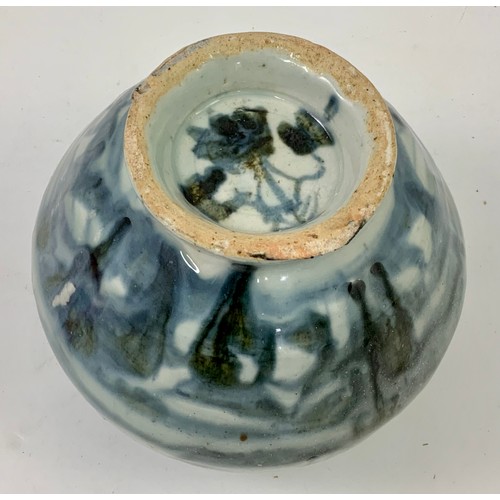 100 - A CHINESE MING DYNASTY VASE OF TAPERED OVOID FORM WITH LOOSELY PAINTED BLUE GLAZE DECORATION, APPROX... 