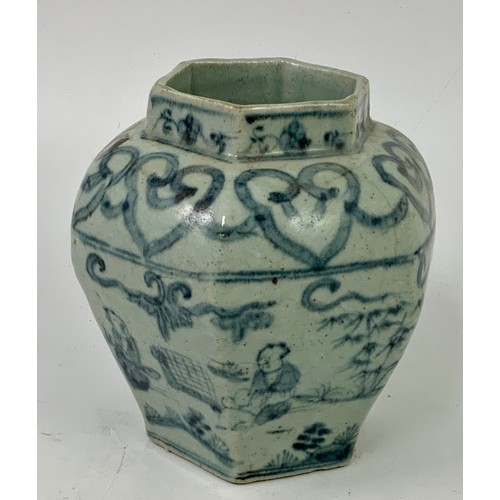 101 - POSSIBLY MING PERIOD HEXAGONAL VASE WITH LOOSELY PAINTED BLUE GLAZED DECORATION DEPICTING FIGURES IN... 