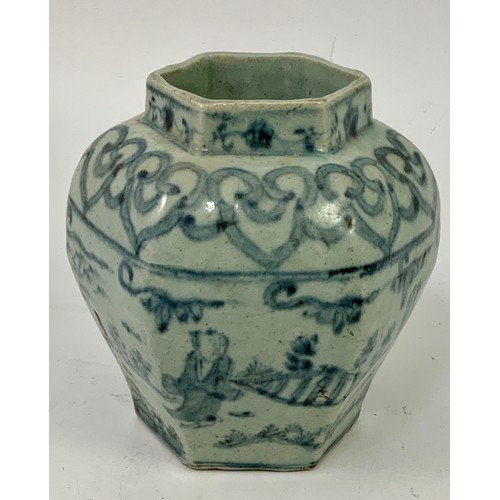 101 - POSSIBLY MING PERIOD HEXAGONAL VASE WITH LOOSELY PAINTED BLUE GLAZED DECORATION DEPICTING FIGURES IN... 