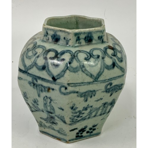 101 - POSSIBLY MING PERIOD HEXAGONAL VASE WITH LOOSELY PAINTED BLUE GLAZED DECORATION DEPICTING FIGURES IN... 