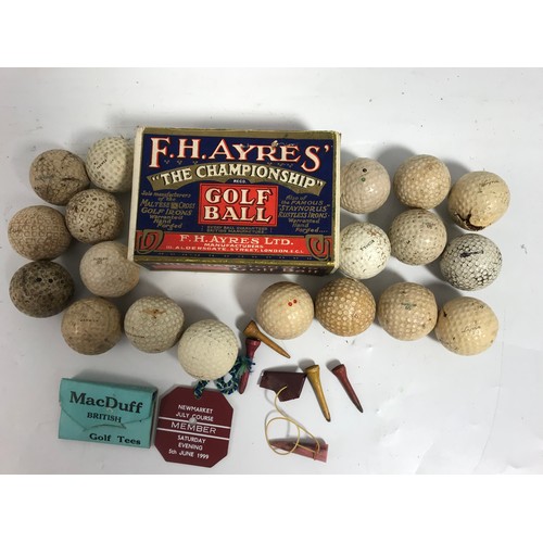 222 - F H AYRES BOX OF VINTAGE GOLF PLUS OTHER USED GOLD BALL INC  DUNLOP 65, MASCOT, BROWFORD, TEEMEE ETC