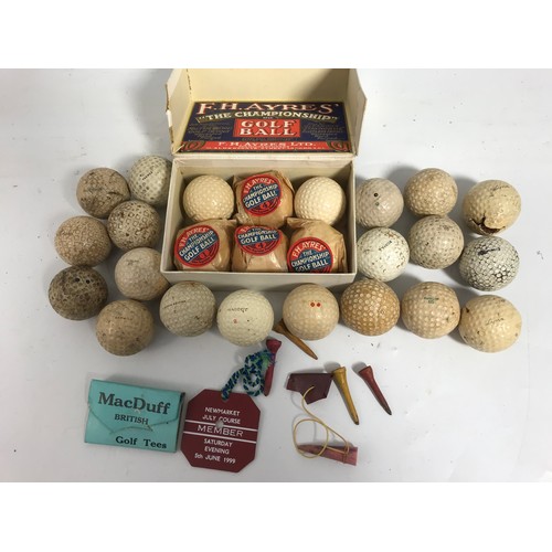 222 - F H AYRES BOX OF VINTAGE GOLF PLUS OTHER USED GOLD BALL INC  DUNLOP 65, MASCOT, BROWFORD, TEEMEE ETC