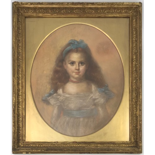 19 - A. DE SABONNE.  PASTEL PORTRAIT OF A GIRL, HALF-LENGTH, WEARING A WHITE DRESS AND BLUE WAISTBAND.  I... 