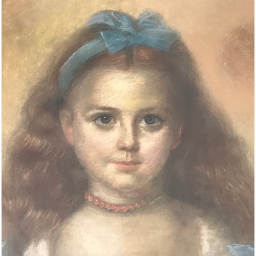 19 - A. DE SABONNE.  PASTEL PORTRAIT OF A GIRL, HALF-LENGTH, WEARING A WHITE DRESS AND BLUE WAISTBAND.  I... 