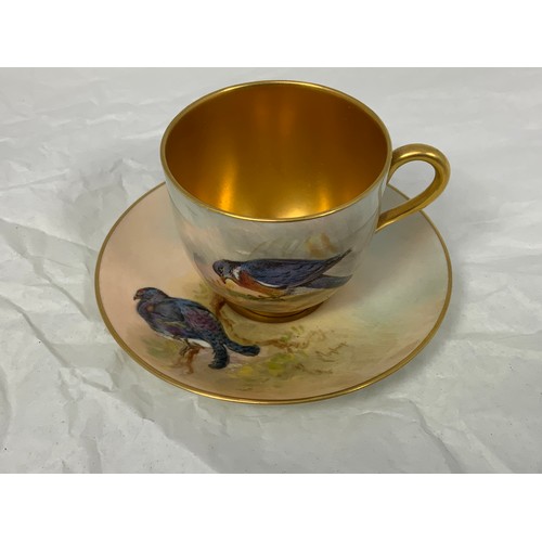 52 - ROYAL WORCESTER CUP & SAUCER, SUACER, HAND PAINTED BLACKCOCK, COFFEE CUP WOOR PIGEON, SIGNED L MAYBU... 