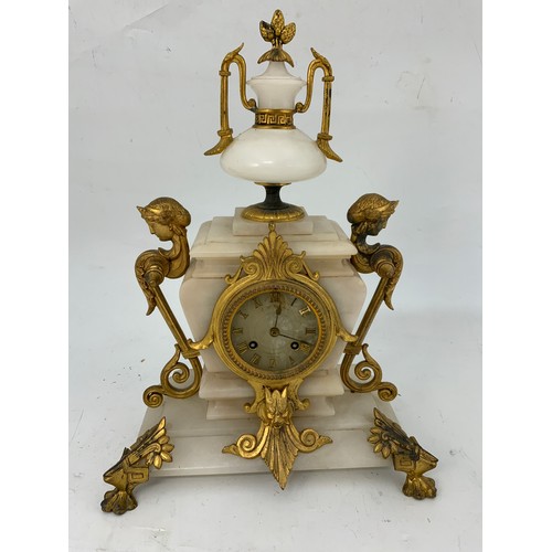 111 - J W BENSON ALABASTER MANTLE CLOCK WITH GILT MOUNTS AND DECORATION, APPROX 42 cm TALL