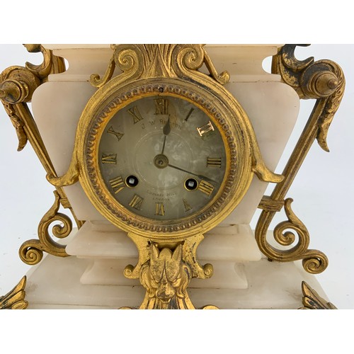 111 - J W BENSON ALABASTER MANTLE CLOCK WITH GILT MOUNTS AND DECORATION, APPROX 42 cm TALL