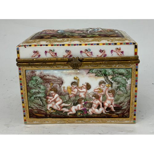 77 - GOOD QUALITY CONTINENTAL PORCELAIN CASKET WITH CLASSICAL SCENES ON EACH PANEL AND GILT METAL MOUNTS,... 