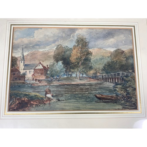 18 - TWO FRAMED WATERCOLOURS, A E PENLEY, APPROX. 33 cm X 23 cm, VIEW OF HILLS, RIVER & CHURCH, PLUS A CH... 