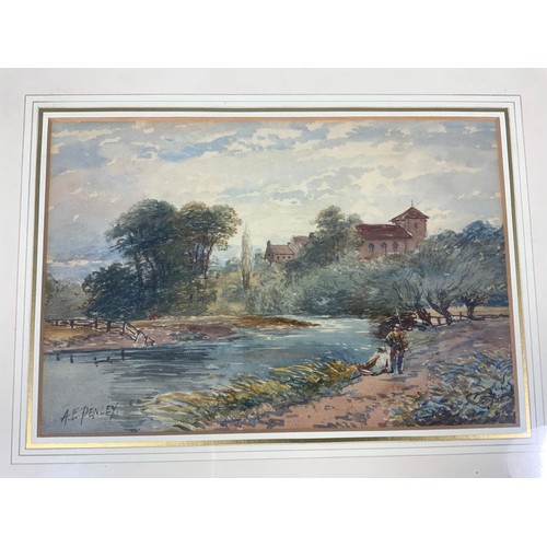 18 - TWO FRAMED WATERCOLOURS, A E PENLEY, APPROX. 33 cm X 23 cm, VIEW OF HILLS, RIVER & CHURCH, PLUS A CH... 