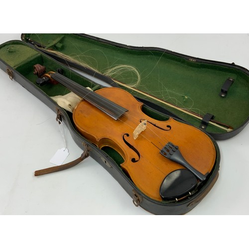 197 - VIOLIN AND BOW IN CASE WITH NOTE SUGGESTING IT IS A MITTENWALD INSTRUMENT DATED 1890/1900, STRADIVAR... 