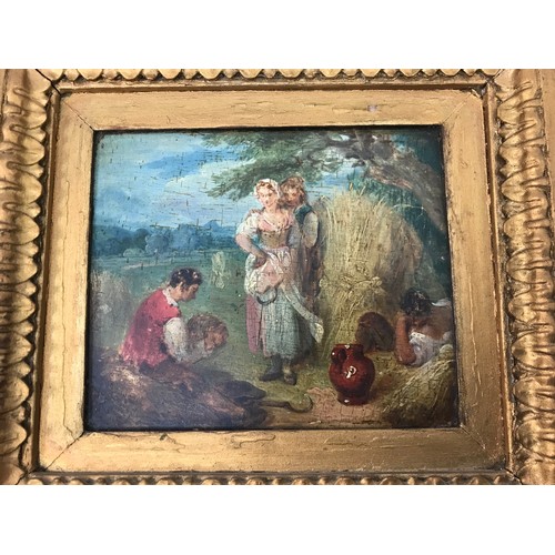 12 - SMALL 19th CENTURY CONTINENTAL SCHOOL OIL ON BOARD WITH DEEP GILT WOOD FRAME DEPICTING A RURAL SCENE... 