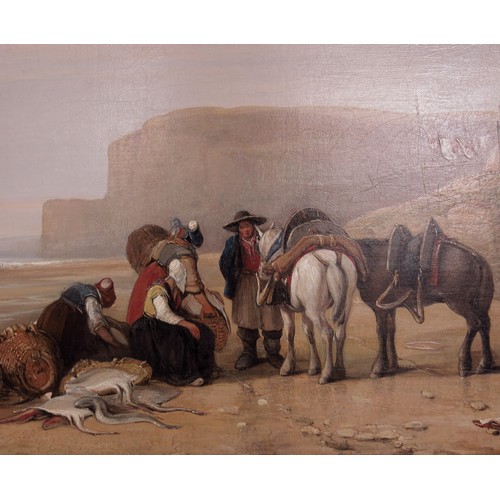 2 - GOOD QUALITY OIL ON CANVAS DEPICTING BEACH SCENE WITH FIGURES AND DONKEYS, ORNATE FRAME LABELLED RIC... 