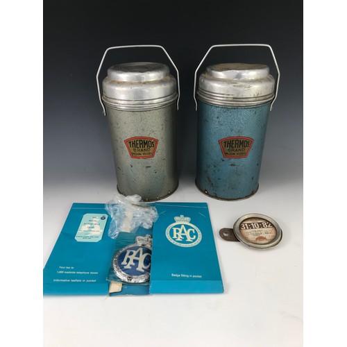 7 - PAIR OF VINTAGE THERMOS FLASKS AND AN OLD RAC PACK AND TAX DISK