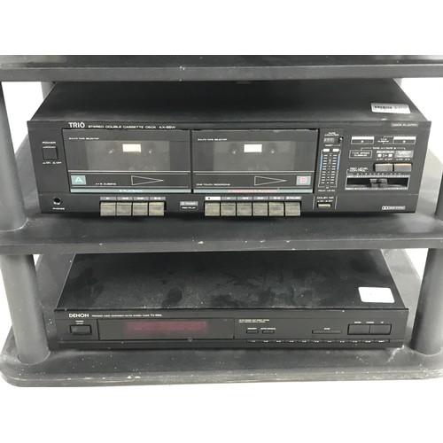 182 - HI FI SEPARATES  INC TECHNICS AMPLIFIER & CD PLAYER, DENON TUNER , TRIO DOUBLE CASSETTE DECK IN A AL... 