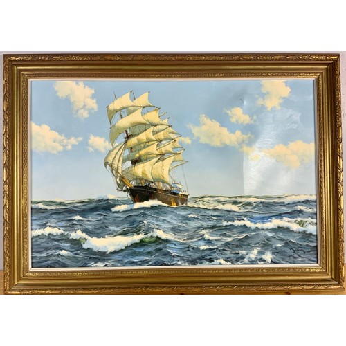 2 - JAMES BRERETON  (BRITISH BORN 1954) OIL ON CANVAS DEPICTING A CLIPPER / SAILING SHIP APPROX. ARR MAY... 