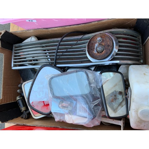 22 - 3 BOXES OF VARIOUS CAR SPARES, HUB CAPS, MIRRORS, LIGHT FITTINGS ETC.