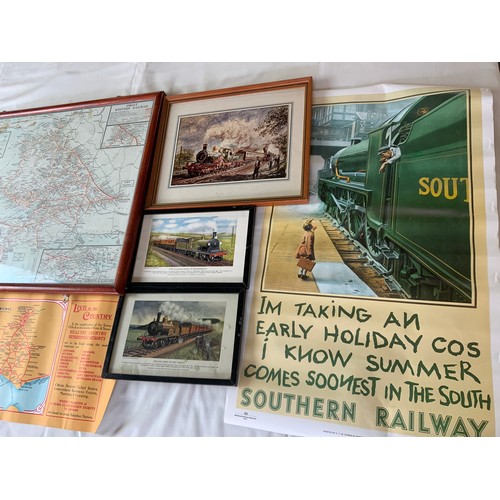 40 - REPRO GWR MAP, PLUS PRINTS & 3 REPRO POSTERS, PLUS ALBUM OF RAILWAY POSTCARDS & PRESERVATION ERA PHO... 