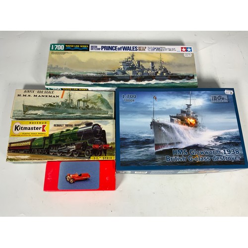 100 - MODEL KITS, TAMIYA PRINCE OF WALES, IBG HMS GLOWWORM, AIRFIX EARLY HMS MANXMAN, KITMASTER ROYAL SCOT... 