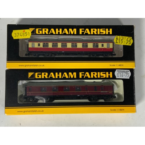 204 - N GAUGE MODEL RAILWAY, TWO BOXED N GAUGE COACHES 374-832 STANIER BRAKE, 374-851A STANIER COMPOSITE