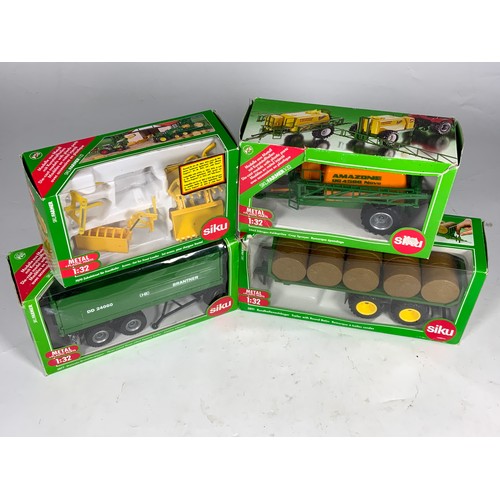 108 - SIKU, 4 BOXED DIECAST FARM IMPLEMENTS: 2877 THREE AXLED TRAILER, 7070 FRONT LOADER ACCESSORIES, 2563... 