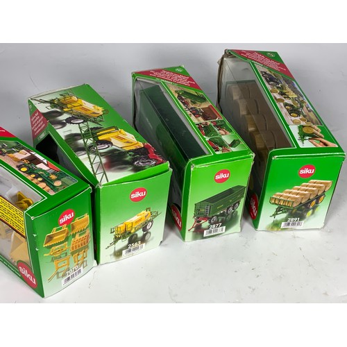 108 - SIKU, 4 BOXED DIECAST FARM IMPLEMENTS: 2877 THREE AXLED TRAILER, 7070 FRONT LOADER ACCESSORIES, 2563... 