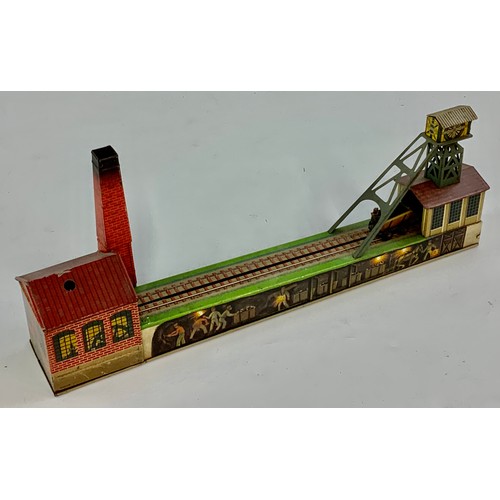 97 - TINPLATE COAL MINE PIT HEAD & TRUCK, FOREIGN, APPROX 34 CM LONG