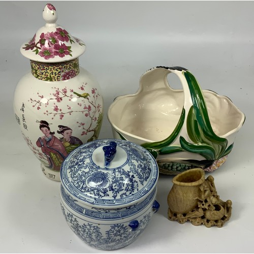 131 - ORIENTAL STYLE VASE, BLUE & WHITE VASE, CHINA BASKET WITH DUCK DECOR