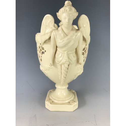 114 - PIERCED LEEDS CREAMWARE VASE WITH ANGEL SUPPORTS, MISSING LID