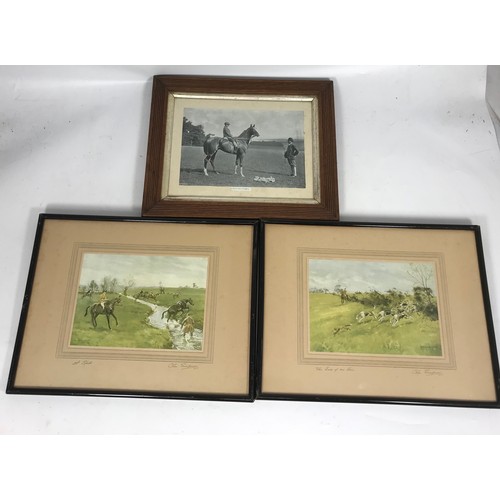 31 - A PAIR OF CHARLES SIMPSON HUNTING PRINTS WITH A OAK FRAMED HORSE PICTURE