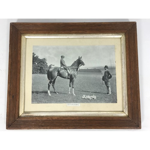 31 - A PAIR OF CHARLES SIMPSON HUNTING PRINTS WITH A OAK FRAMED HORSE PICTURE