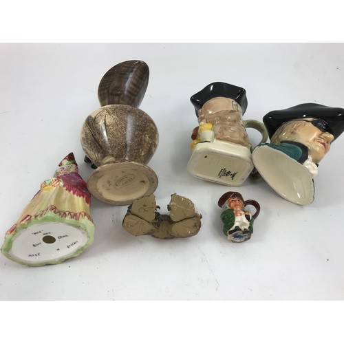 97 - CHARACTER JUGS, FIGURINE NAN, ORIENTAL FIGURINE AND A JUG