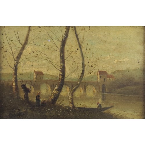 7 - OIL ON CANVAS AF DEPICTING CONTINENTAL RIVER SCENE WITH BRIDGE, PUNT AND FIGURES, APPROX. 38.5 X 25.... 