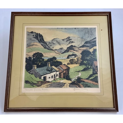 24 - JAMES PRIDDY SIGNED COLOURED ETCHING AND A PAIR OF FRAMED ETCHINGS