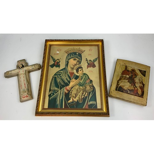 46 - MODERN ICON AND CRUCIFIX TOGETHER WITH A GOLD COLOURED PRINT