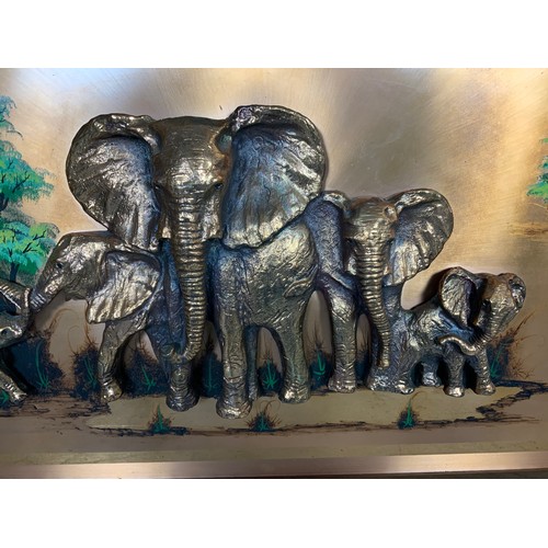 33 - FRAMED RELIEF PICTURE OF ELEPHANTS APPROX. 157 cm x 50 cm