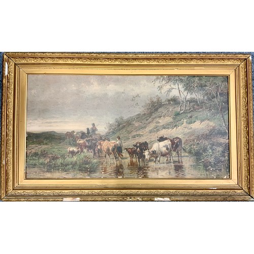 29 - CHRISTIAN FRIEDRICH MALI ? LARGE FRAMED PICTURE ON CANVAS, DEPICTING CATTLE WATERING AND DROVERS, SI... 