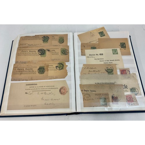 502 - BOX WITH POSTMARK COLLECTION IN 3 ALBUMS PLUS LARGE STOCK BOOK OF STATIONARY CUT OUTS OF QV –KGVI IN... 