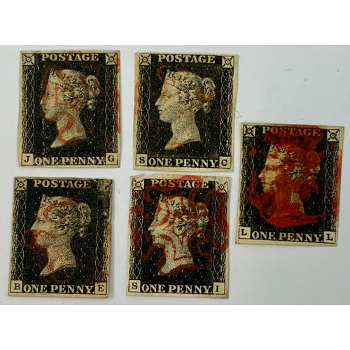 588 - 1d BLACKS, PACKET OF 5, 1d BLACK STAMPS WITH RED MALTESE CROSS CANCELS