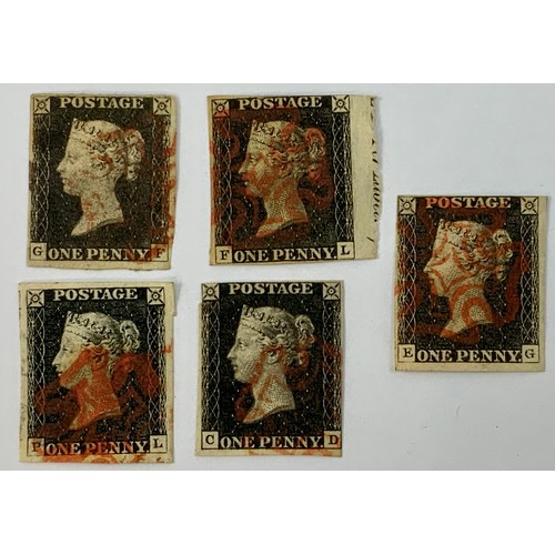 590 - 1d BLACKS, PACKET OF 5, 1d BLACK STAMPS WITH RED MALTESE CROSS CANCELS