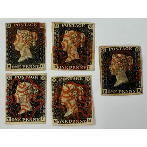 591 - 1d BLACKS, PACKET OF 5, 1d BLACK STAMPS WITH RED MALTESE CROSS CANCELS