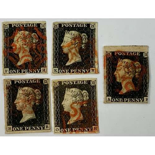 592 - 1d BLACKS, PACKET OF 5, 1d BLACK STAMPS WITH RED MALTESE CROSS CANCELS