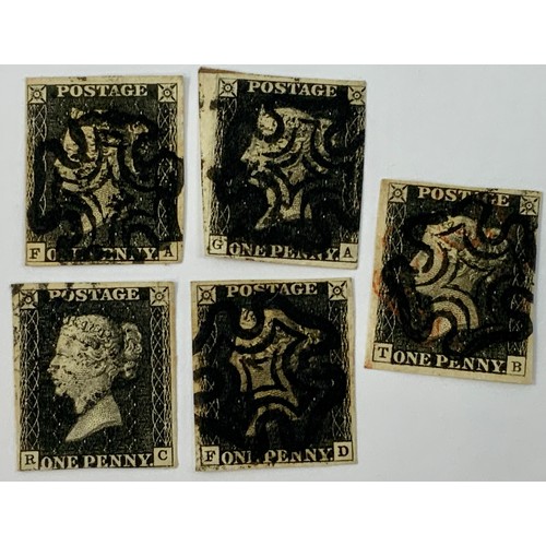 593 - 1d BLACKS, PACKET OF 5 1D BLACK STAMPS WITH BLACK MALTESE CROSS CANCELS