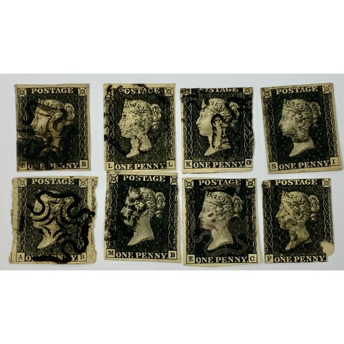 594 - 1d BLACKS, PACKET OF 8, 1d BLACK STAMPS INC. BLACK MALTESE CROSS CANCELS